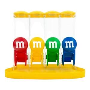 M&Ms World Four Tube CANDY DISPENSER 9x8x5 M&M Holder Food Storage Yellow +Tray